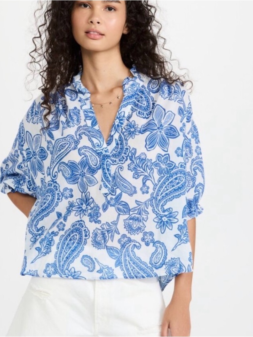 Xirena Cam popover blouse in Santorini blue paisley